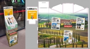 Il Giornale ontwerp folderdisplay; rechts: het plano vormgevingsbestand (opdrachtgever: Vicini Media, Zeist)