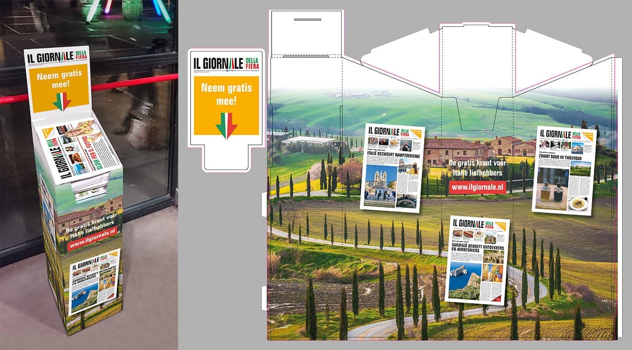 Il Giornale ontwerp krantendisplay; rechts zie je het plano vormgevingsbestand (opdrachtgever: Vicini Media, Zeist)