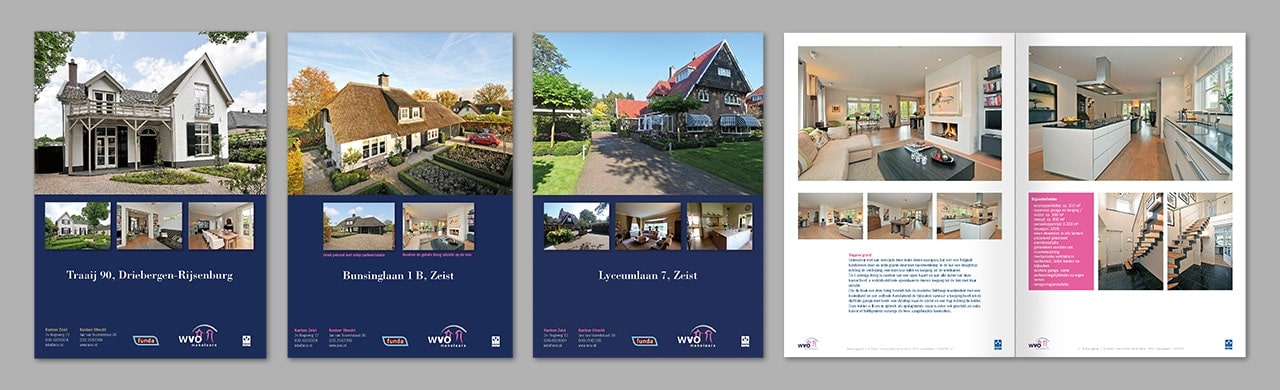 Grafisch ontwerp van basisgrid en dtp-vormgeving van serie woningbrochures voor WVO Makelaars